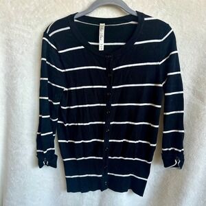 Pina Rossi Womens Black White Striped Rayon Blend 3/4 Sleeve Cardigan Small
